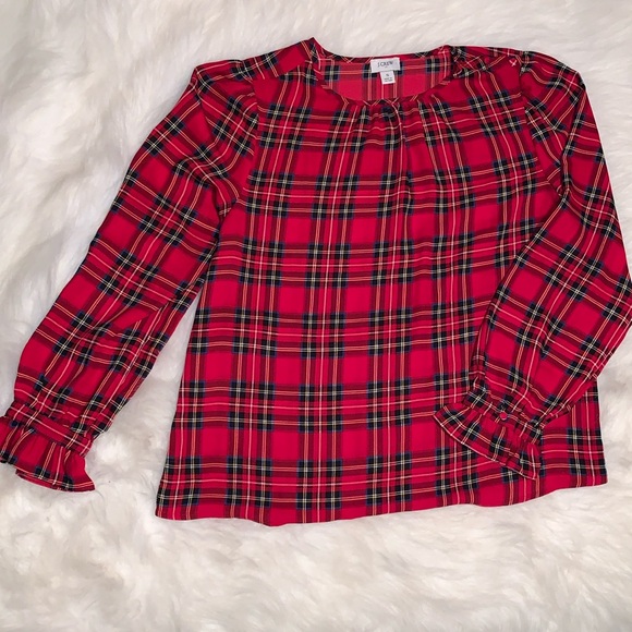 J. Crew Tops - J.CREW Holiday Tartan Plaid Blouse Size Small Ruffled Sleeve Detail Round Neck